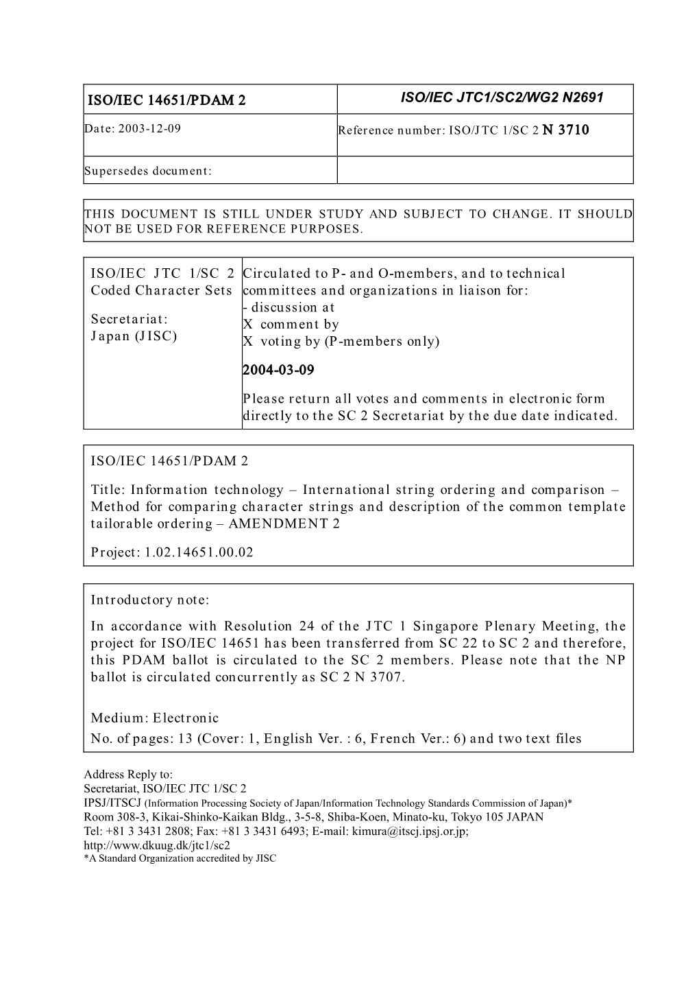 ISO/IEC 14651/PDAM 2 ISO/IEC JTC 1/SC 2 Coded Character