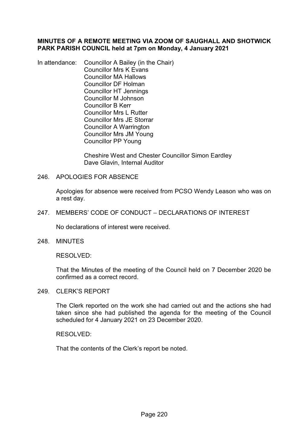 Minutes of the Council Meeting Held on 4Th January 2021
