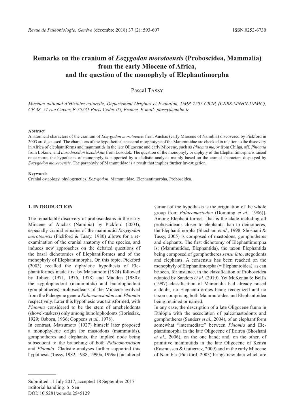 Remarks on the Cranium of Eozygodon Morotoensis (Proboscidea, Mammalia) from the Early Miocene of Africa, and the Question of the Monophyly of Elephantimorpha