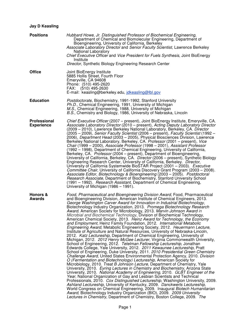 Page 1 Jay D Keasling Positions Hubbard Howe, Jr