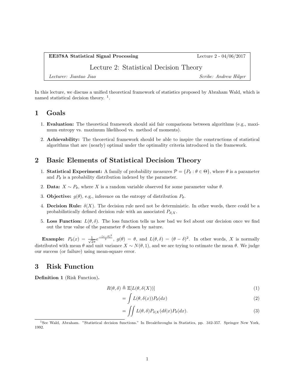 Lecture 2 (Statistical Decision Theory)