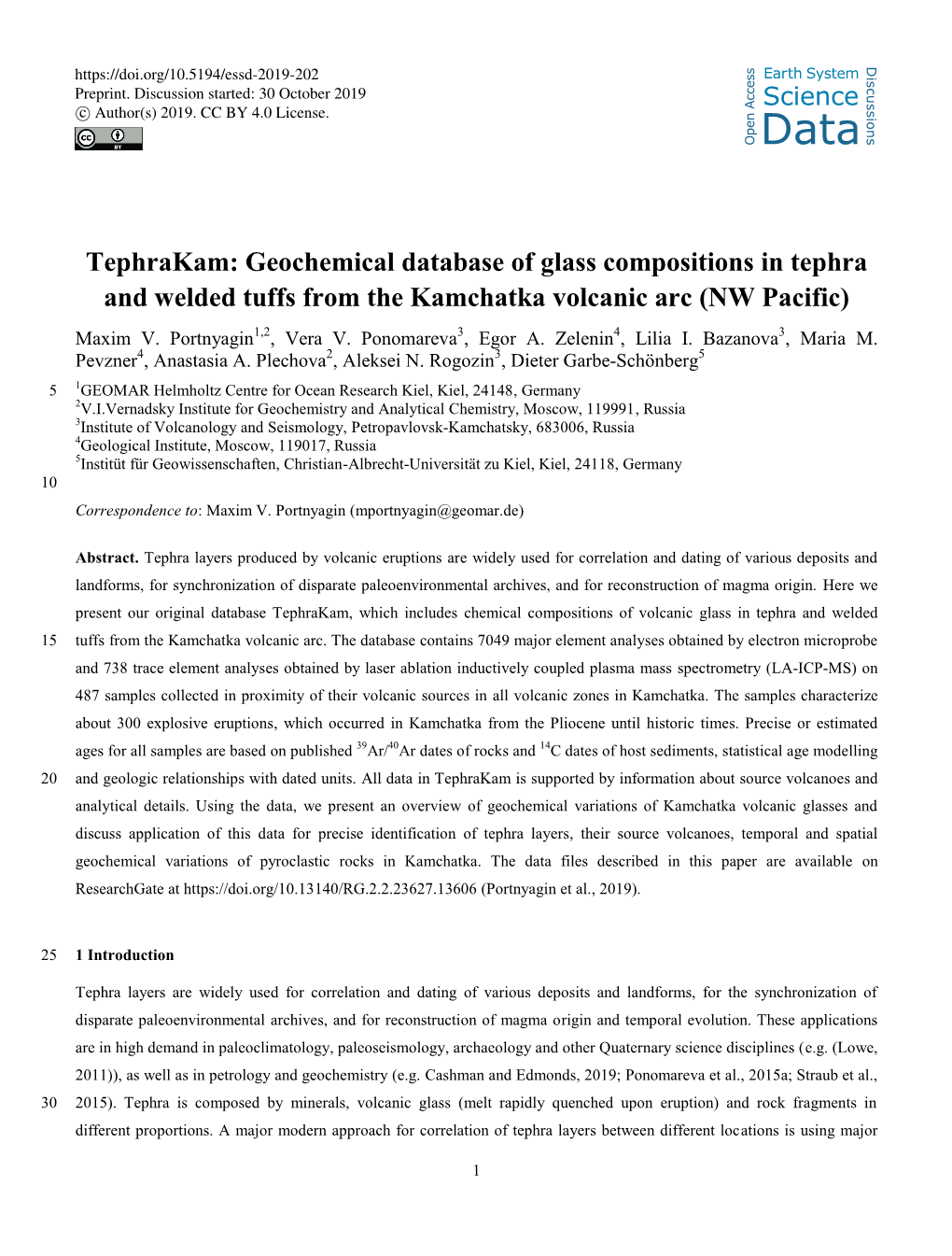 Geochemical Database of Glass Compositions in Tephra and Welded Tuffs from the Kamchatka Volcanic Arc (NW Pacific) Maxim V