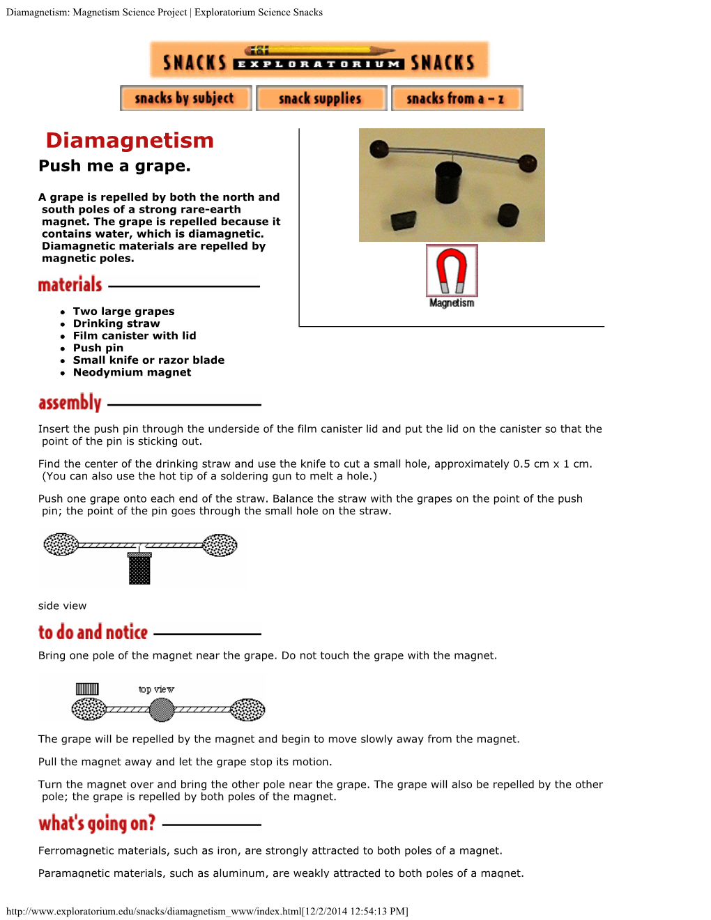 Diamagnetism: Magnetism Science Project | Exploratorium Science Snacks