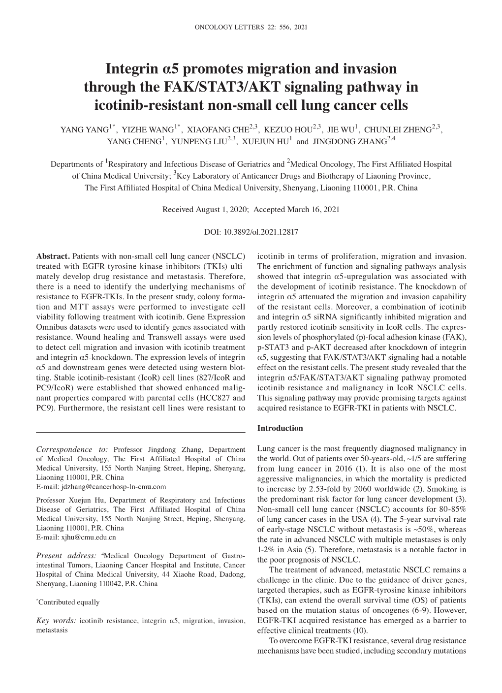 Integrin Α5 Promotes Migration and Invasion Through the FAK/STAT3/AKT Signaling Pathway in Icotinib‑Resistant Non‑Small Cell Lung Cancer Cells