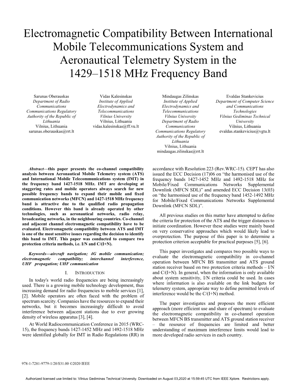 Electromagnetic Compatibility Between International Mobile Telecommunications System and Aeronautical Telemetry System in the 1429–1518 Mhz Frequency Band