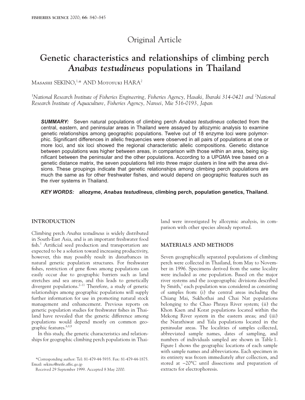 Genetic Characteristics and Relationships of Climbing Perch Anabas Testudineus Populations in Thailand