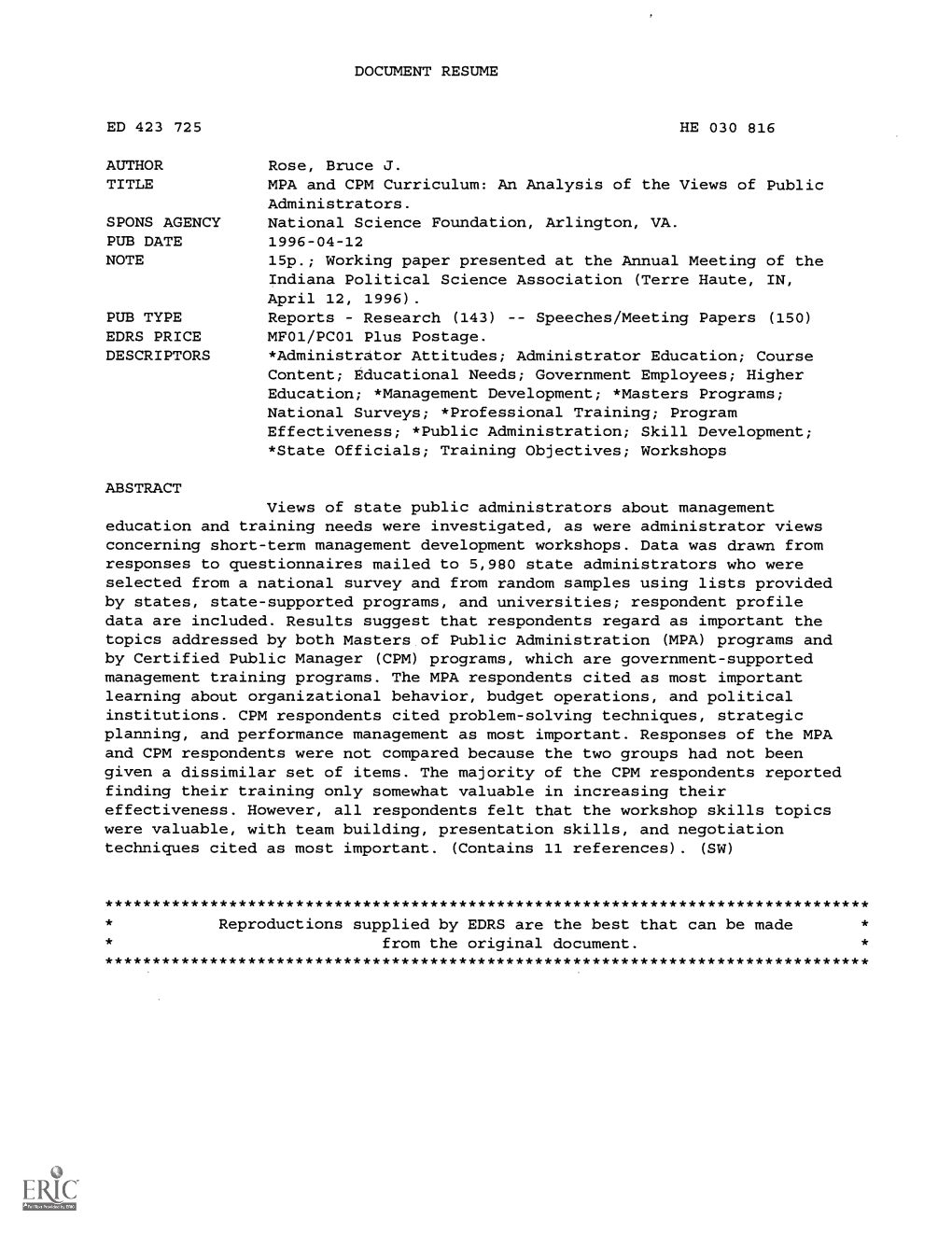 MPA and CPM Curriculum: an Analysis of the Views of Public Administrators. SPONS AGENCY National Science Foundation, Arlington, VA