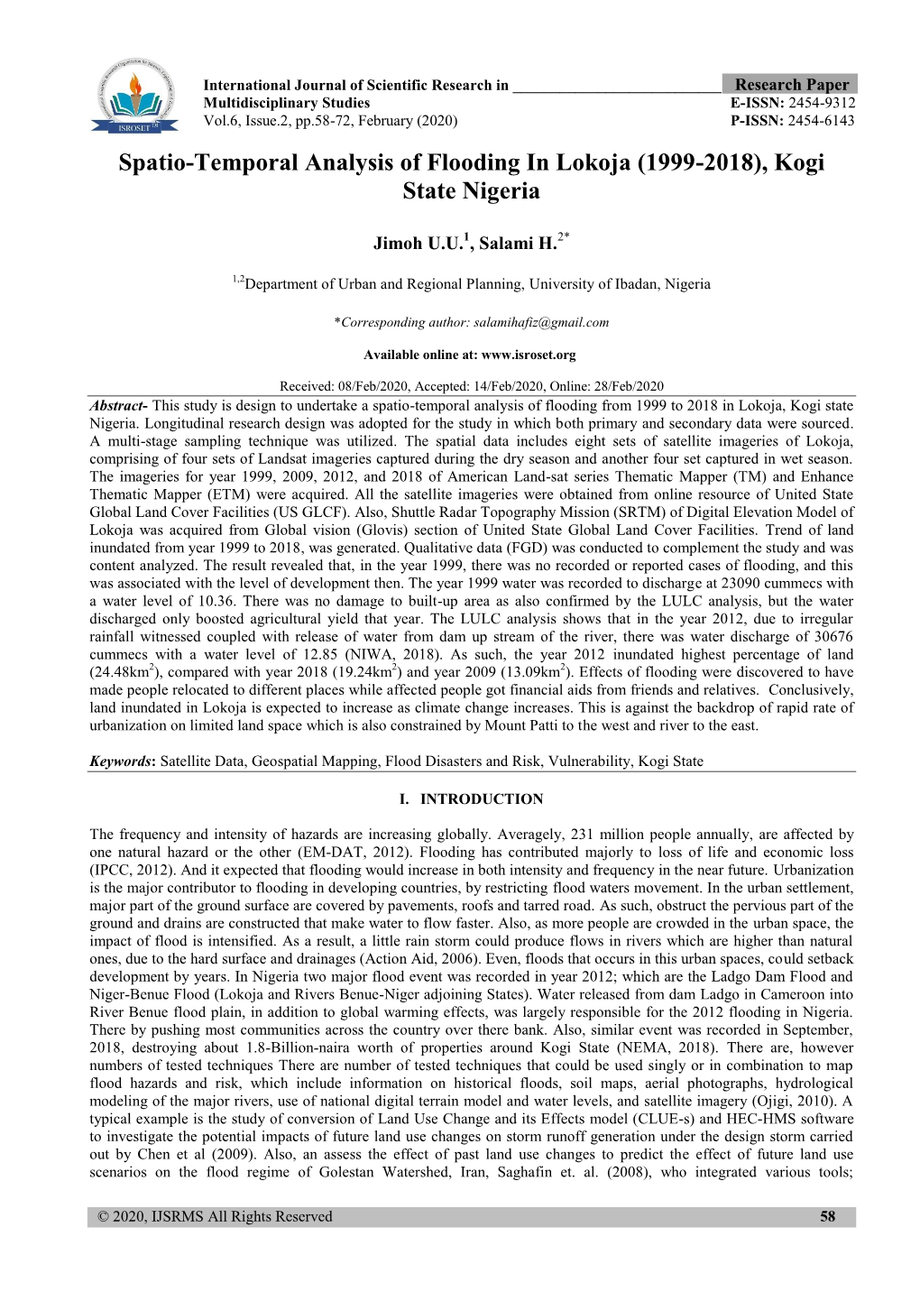 Spatio-Temporal Analysis of Flooding in Lokoja (1999-2018), Kogi State Nigeria