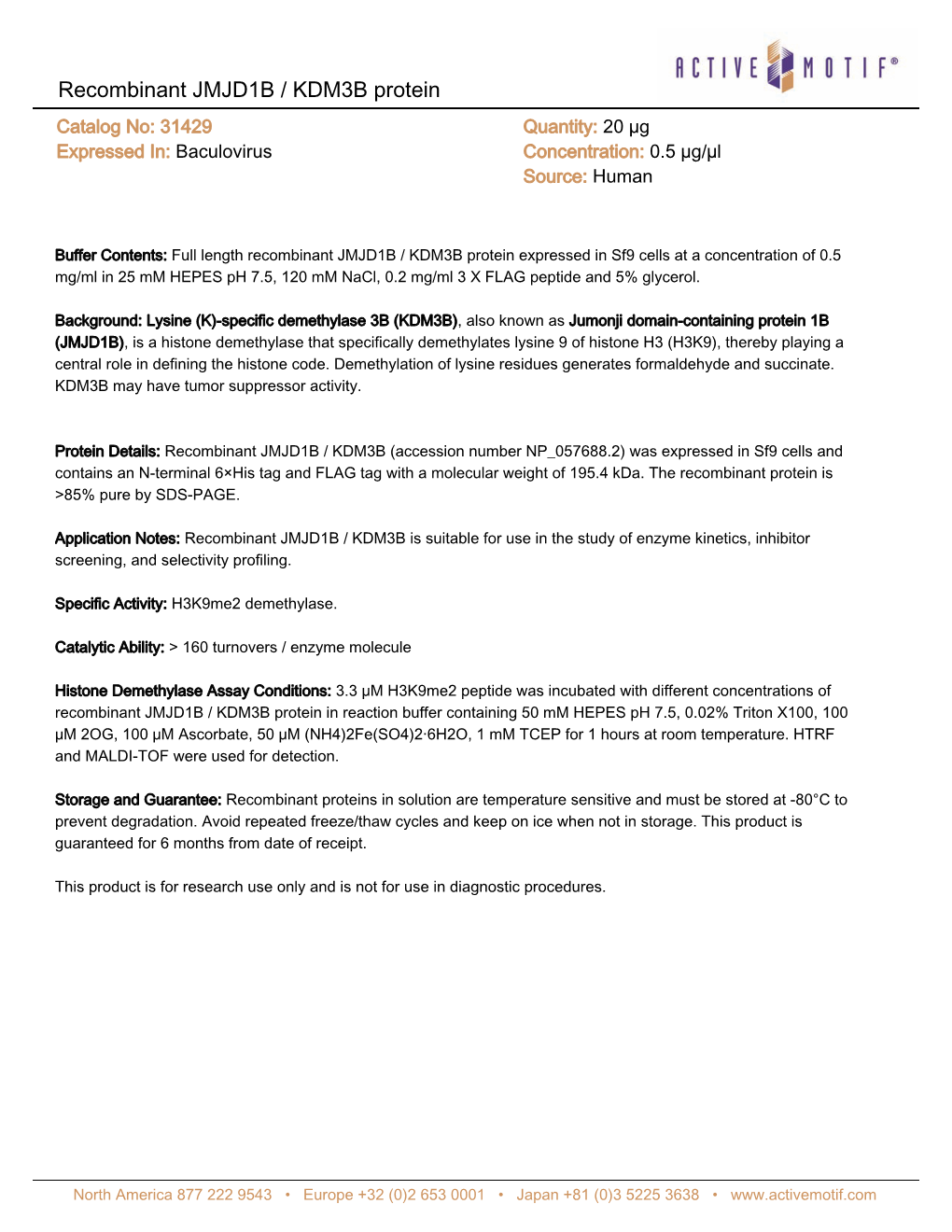 Recombinant JMJD1B / KDM3B Protein Catalog No: 31429 Quantity: 20 Μg Expressed In: Baculovirus Concentration: 0.5 Μg/Μl Source: Human