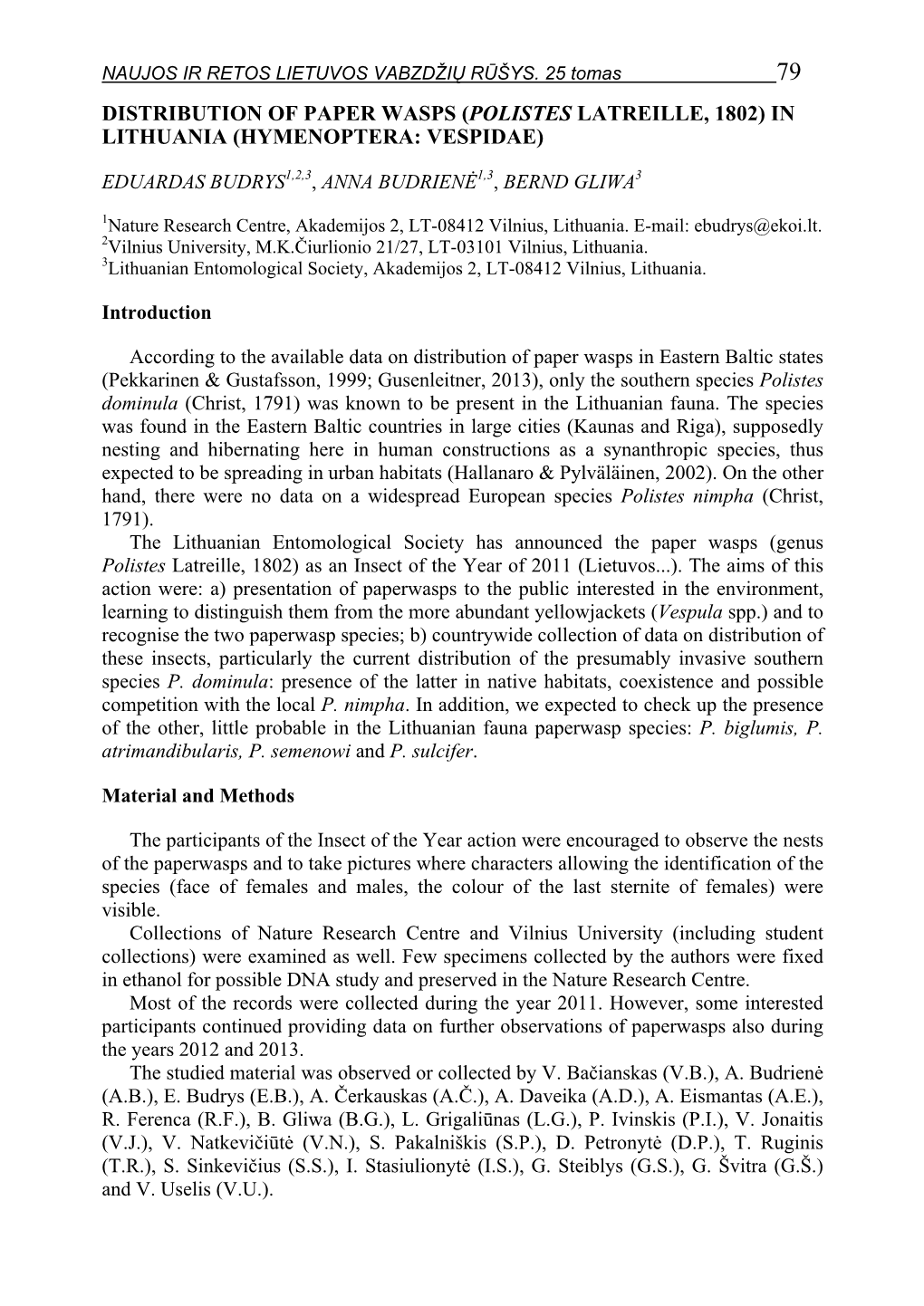 Distribution of Paper Wasps (Polistes Latreille, 1802) in Lithuania (Hymenoptera: Vespidae)