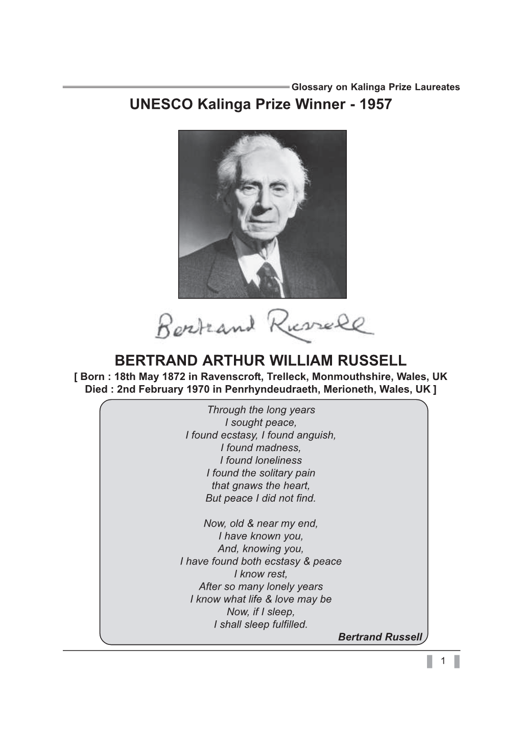 BERTRAND ARTHUR WILLIAM RUSSELL UNESCO Kalinga Prize