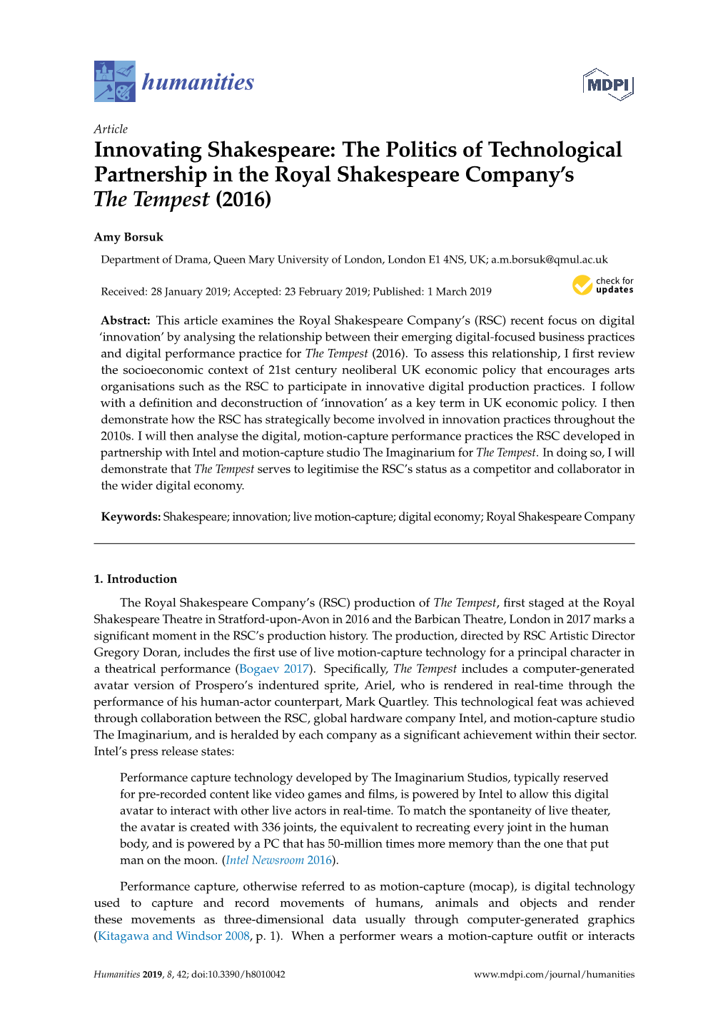 Innovating Shakespeare: the Politics of Technological Partnership in the Royal Shakespeare Company’S the Tempest (2016)