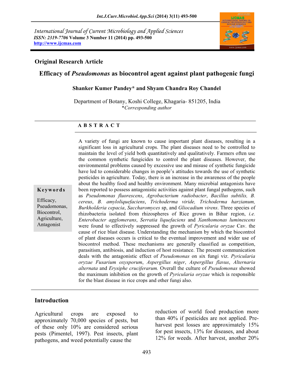 Efficacy of Pseudomonas As Biocontrol Agent Against Plant Pathogenic Fungi