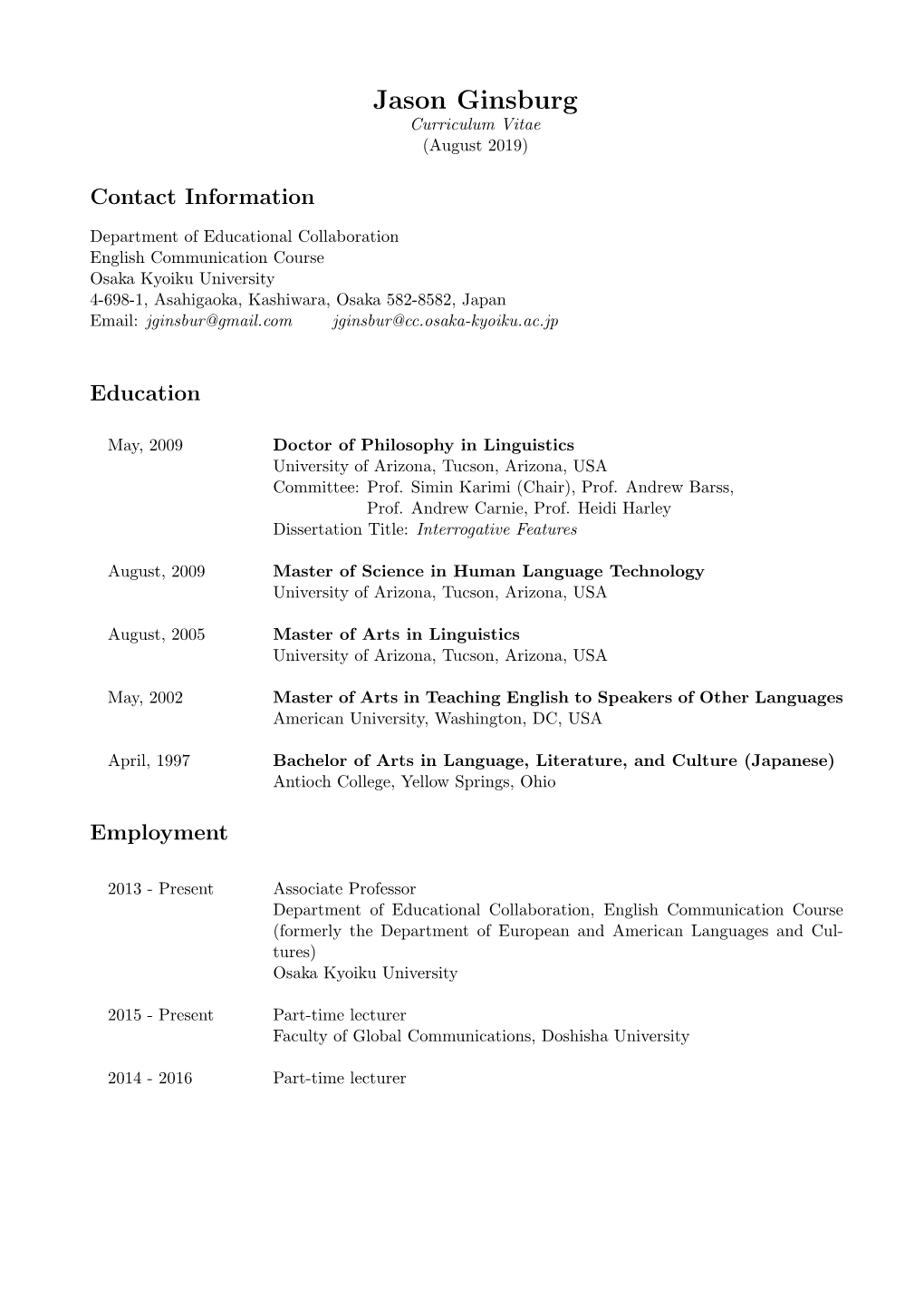 Jason Ginsburg Curriculum Vitae (August 2019)