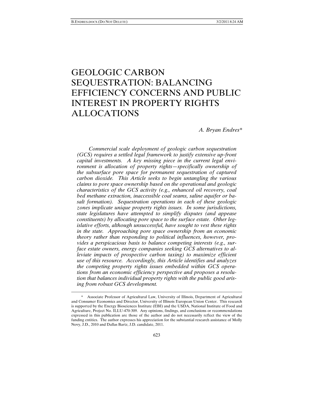 Geologic Carbon Sequestration: Balancing Efficiency Concerns and Public Interest in Property Rights Allocations