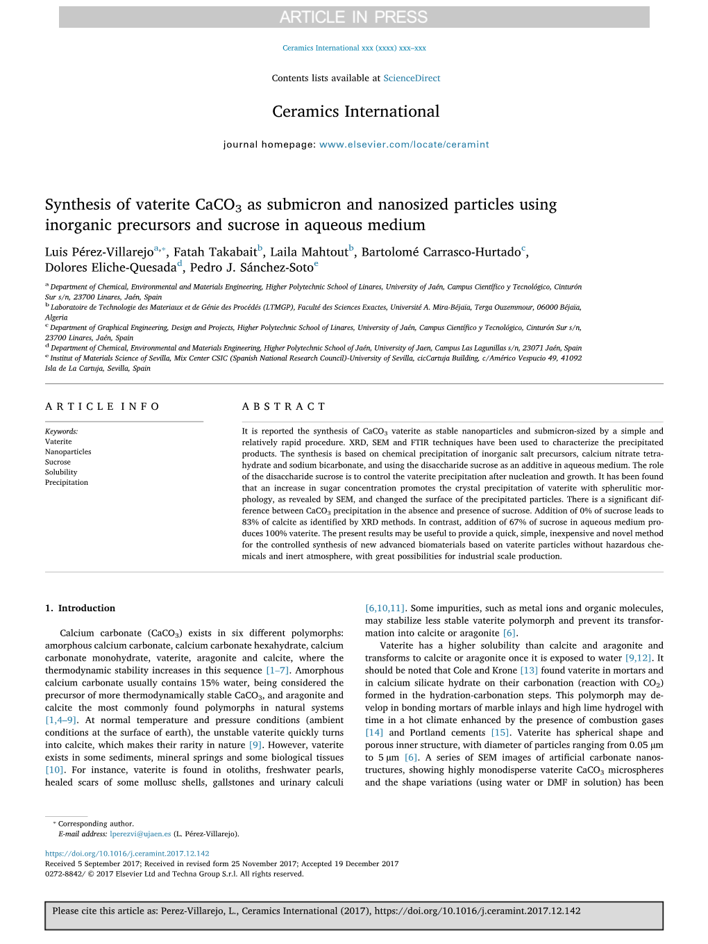 Synthesis of Vaterite Caco3 As Submicron and Nanosized Particles Using Inorganic Precursors and Sucrose in Aqueous Medium