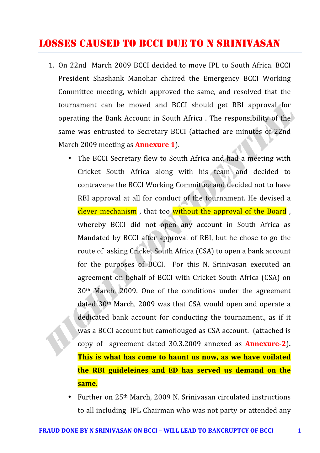 Losses Caused to Bcci Due to N Srinivasan