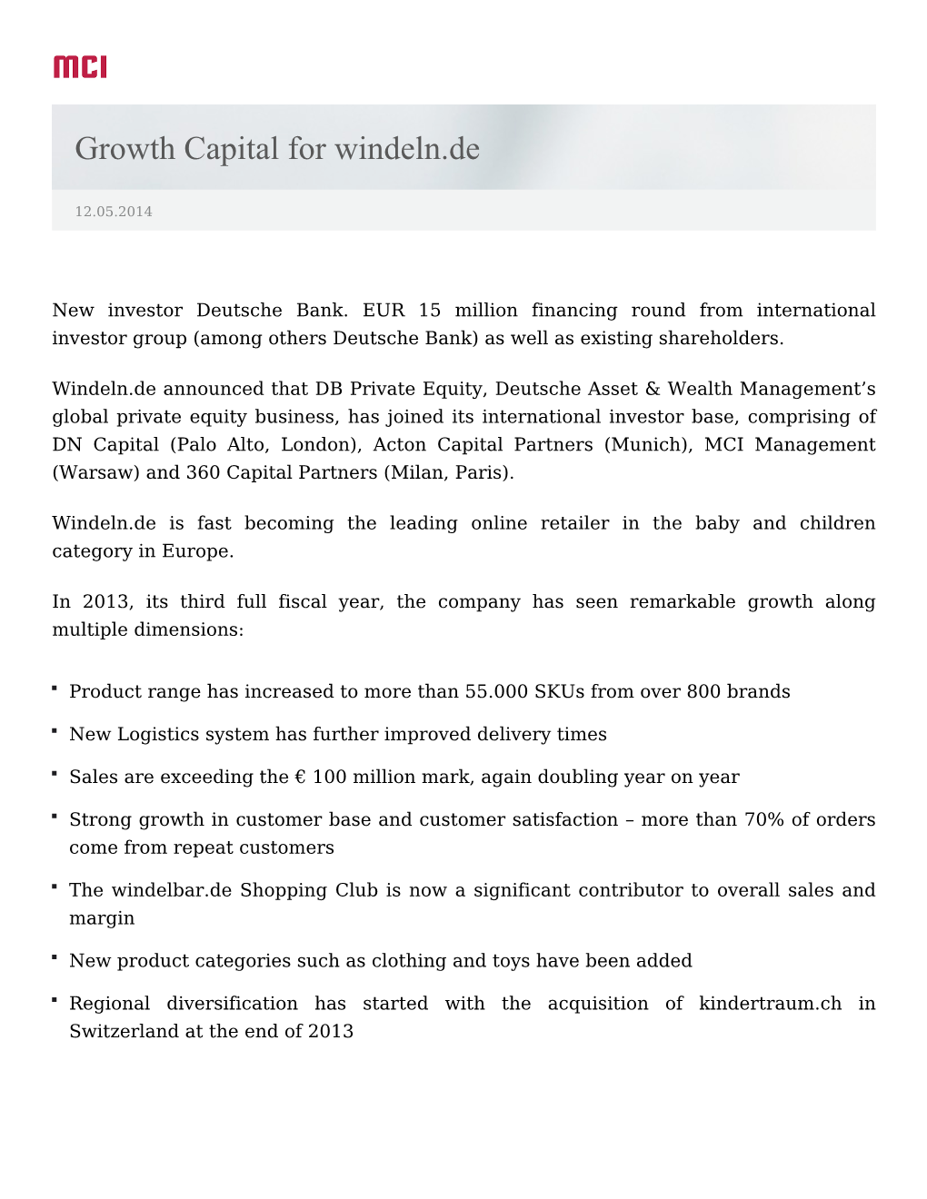 Growth Capital for Windeln.De