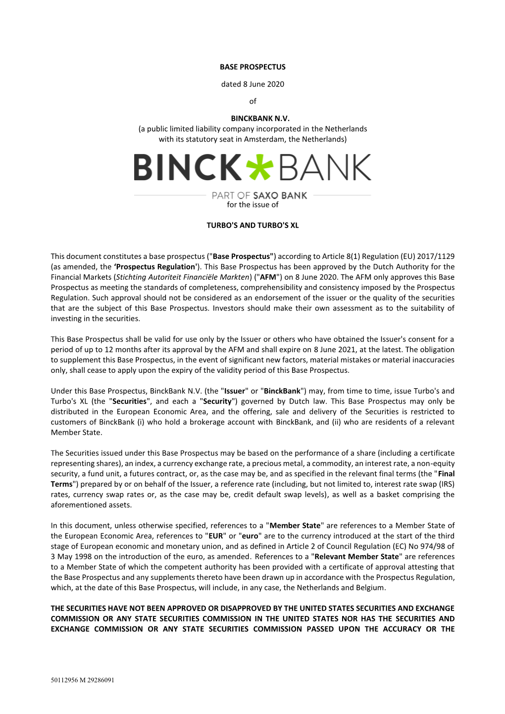 BASE PROSPECTUS Dated 8 June 2020 of BINCKBANK N.V. (A Public