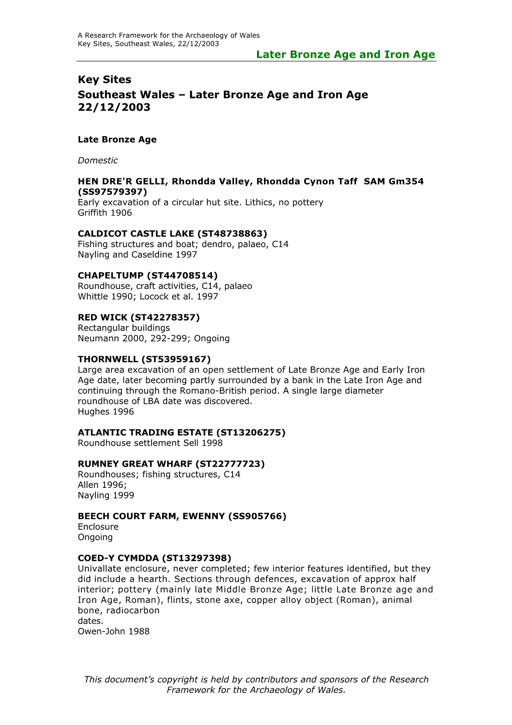 Later Bronze Age and Iron Age Key Sites Southeast Wales – Later