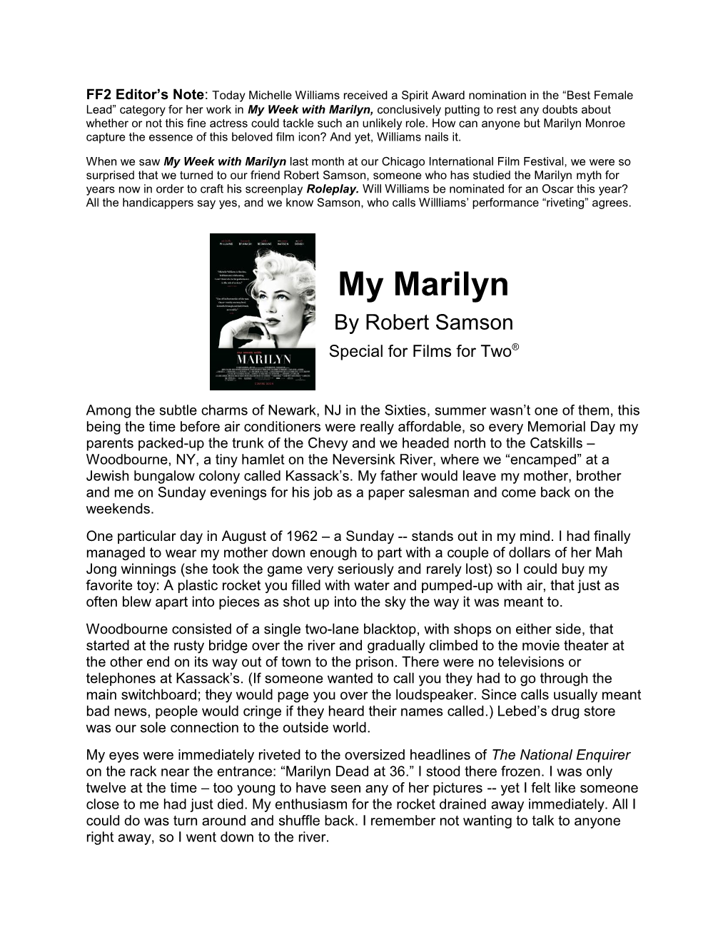 My Marilyn by Robert Samson Special for Films for Two®