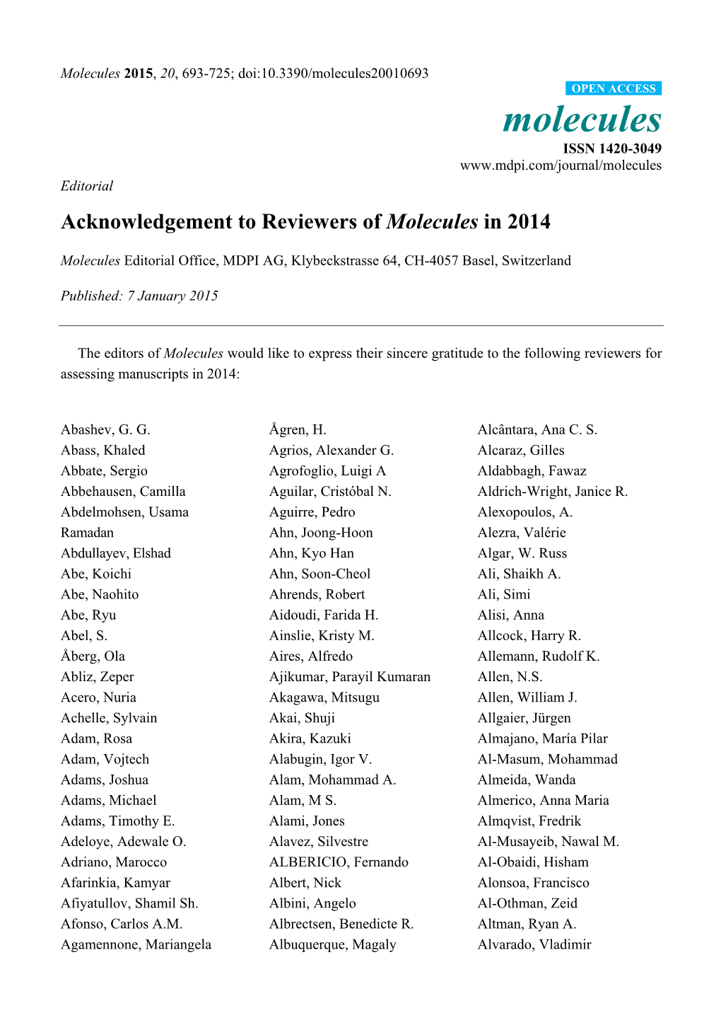 Acknowledgement to Reviewers of Molecules in 2014