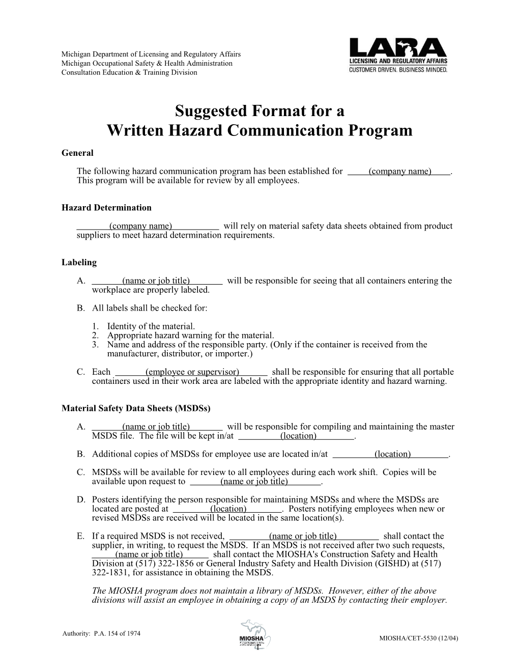 Suggested Format for a Written Hazard Communication Program