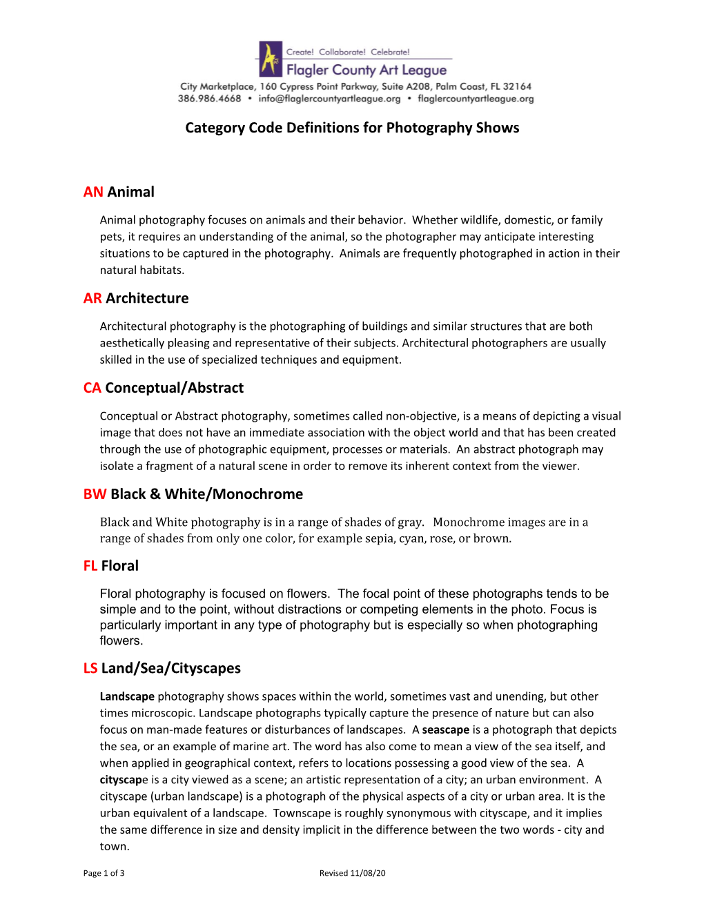 Category Code Definitions for Photography Shows an Animal AR