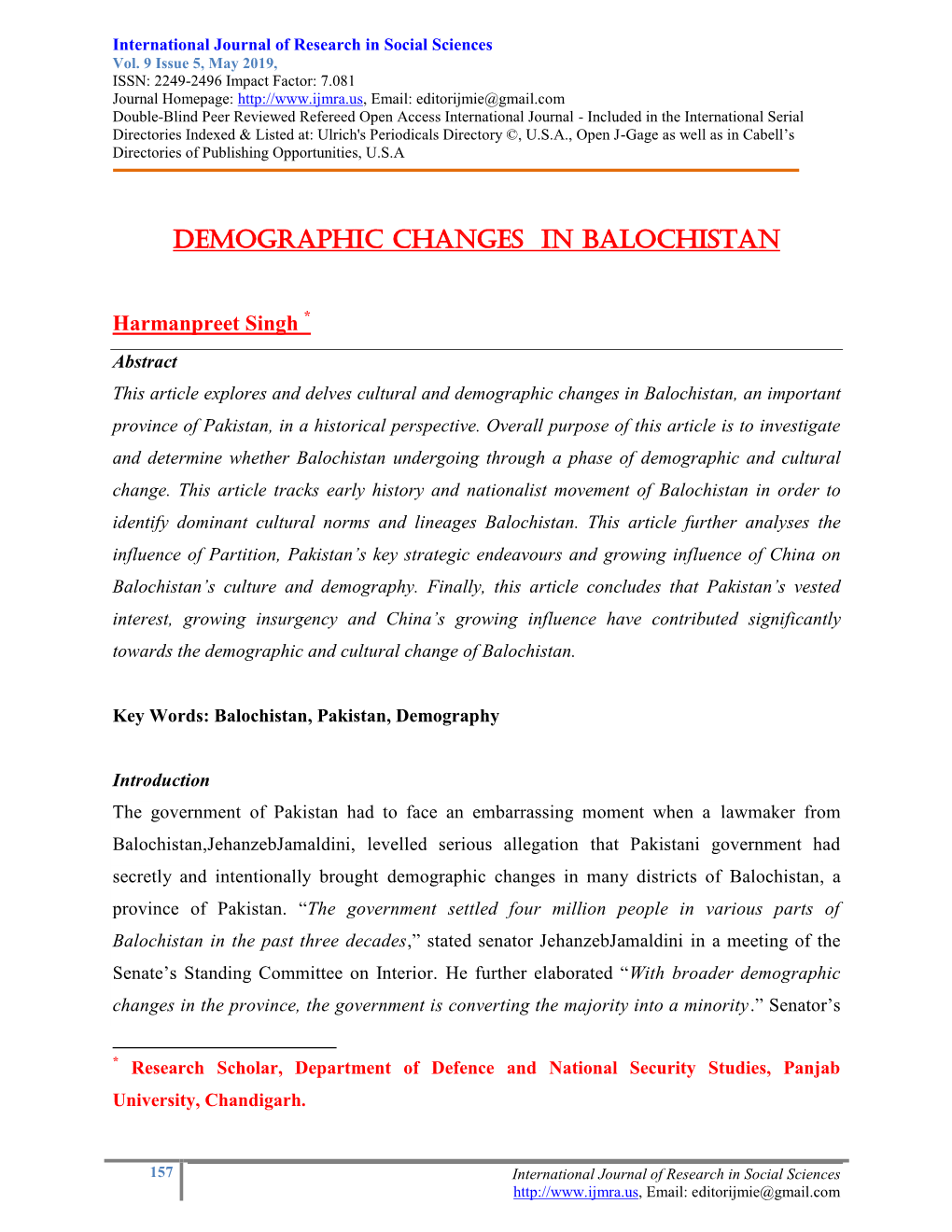 Demographic Changes in Balochistan