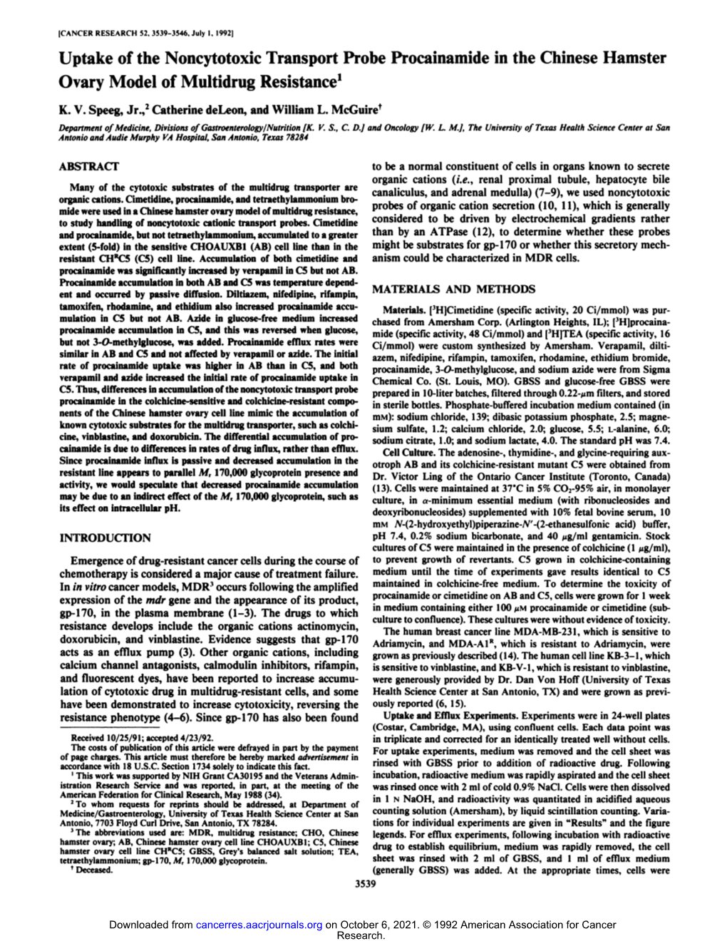 Uptake of the Noncytotoxic Transport Probe Procainamide in the Chinese Hamster Ovary Model of Multidrug Resistance1