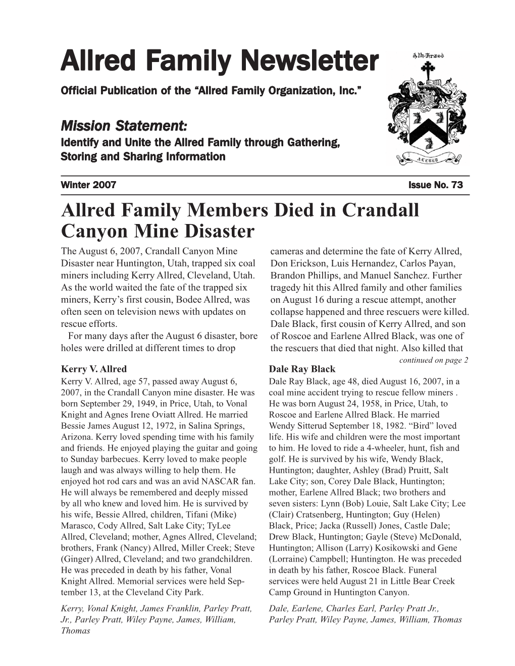 Allred Family Newsletter Is a Member Benefit of Canyon Family Support Donation Account for the the AFO