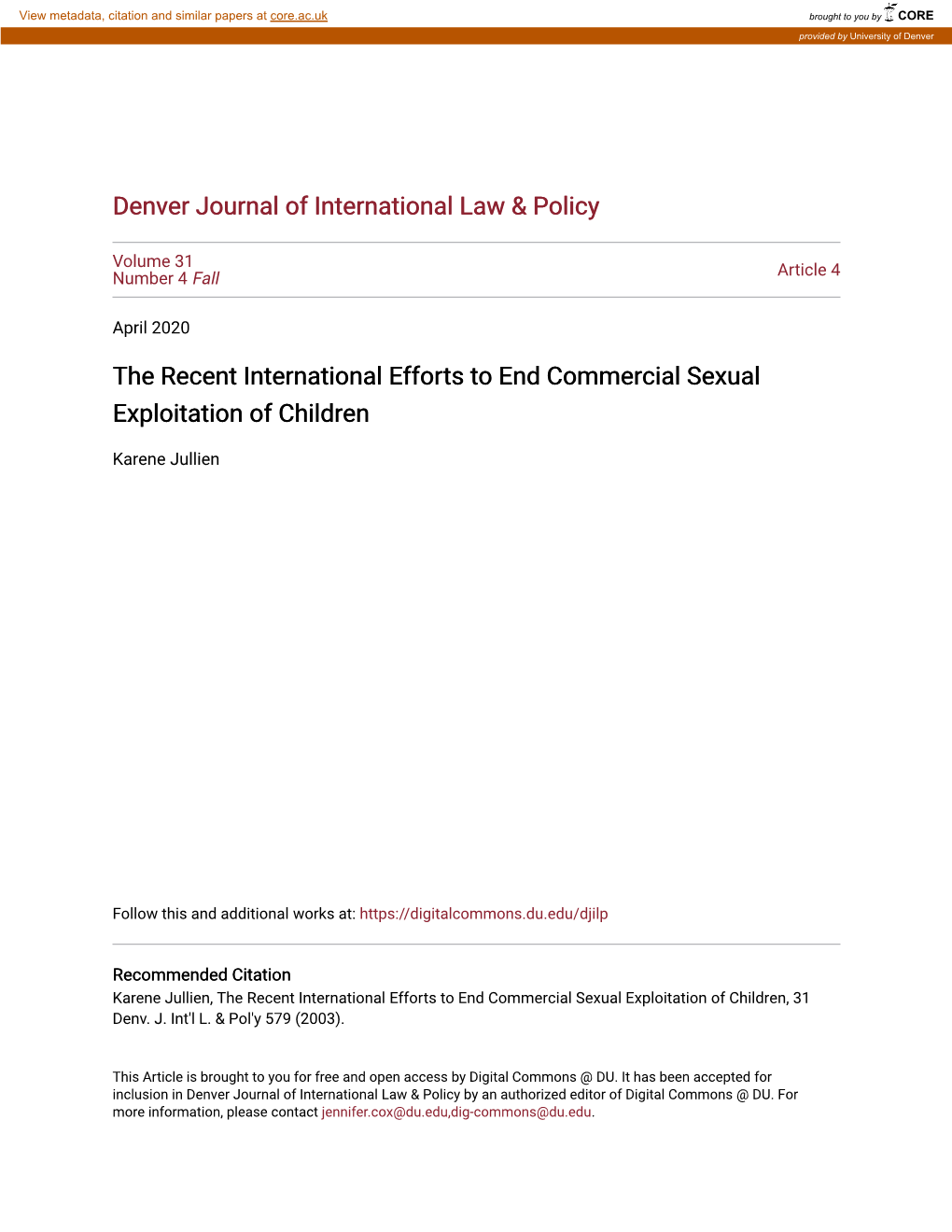 The Recent International Efforts to End Commercial Sexual Exploitation of Children