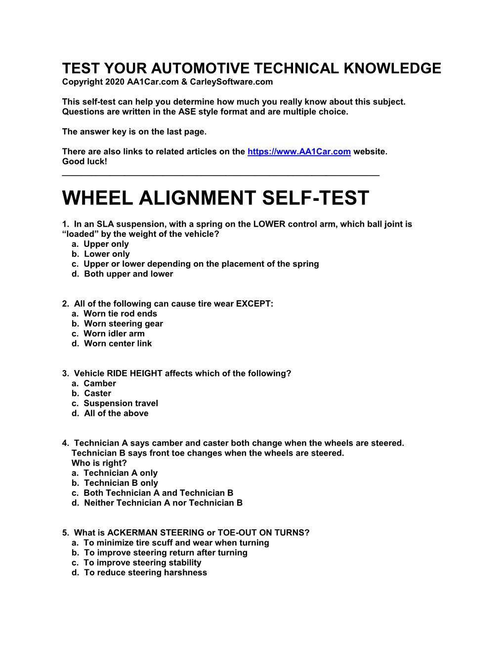 Wheel Alignment Self-Test Quiz