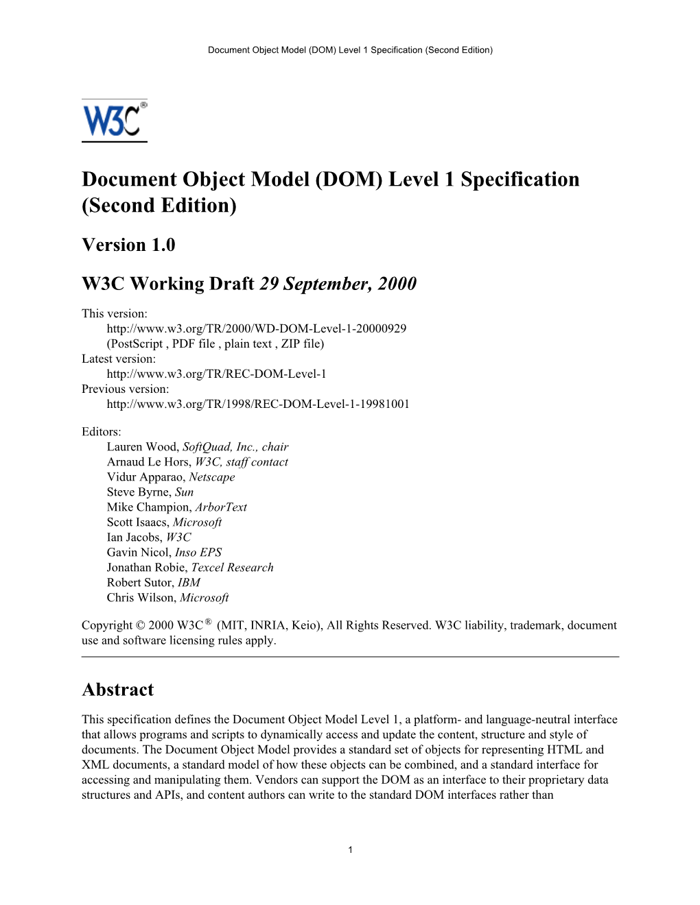 Document Object Model †DOM‡ Level 1 Specification †Second Edition‡