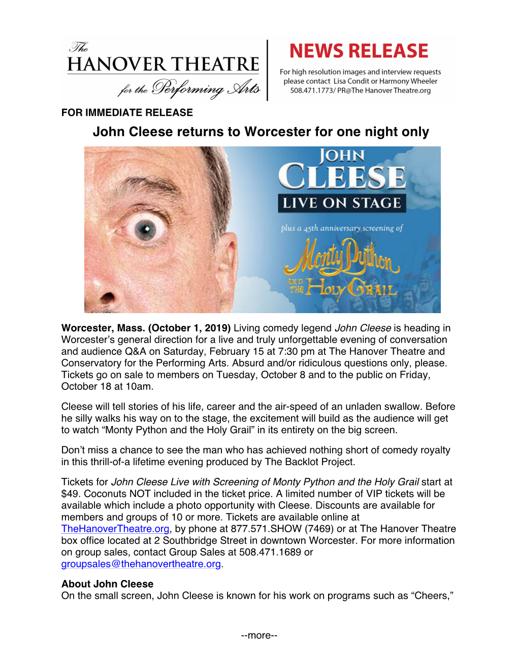 John Cleese Returns to Worcester for One Night Only