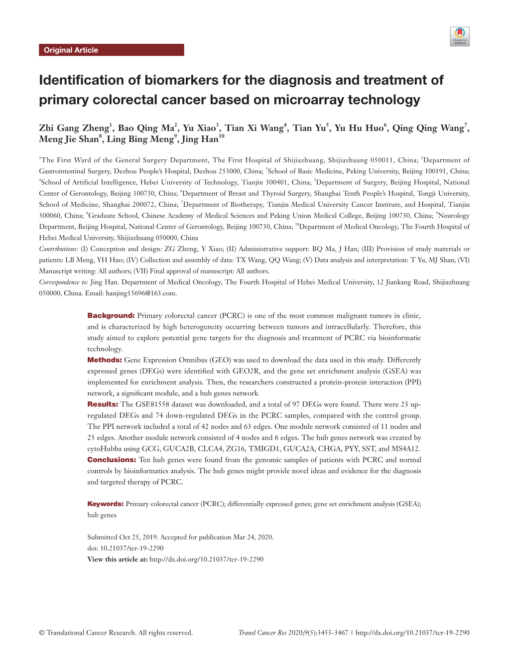 Identification of Biomarkers for the Diagnosis and Treatment of Primary Colorectal Cancer Based on Microarray Technology