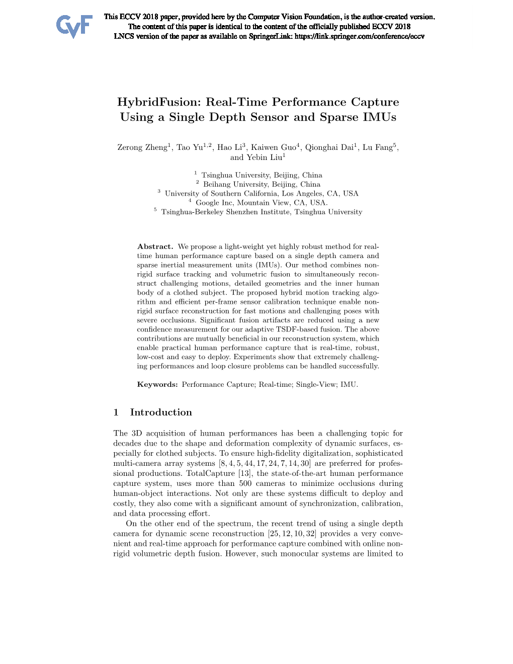 Hybridfusion: Real-Time Performance Capture Using a Single Depth Sensor and Sparse Imus