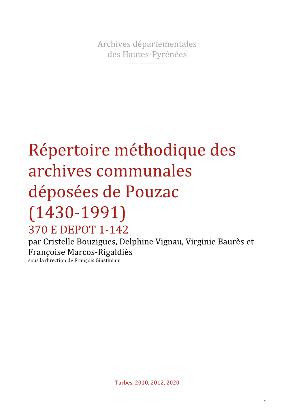 Répertoire Méthodique Des Archives Communales Déposées De Pouzac