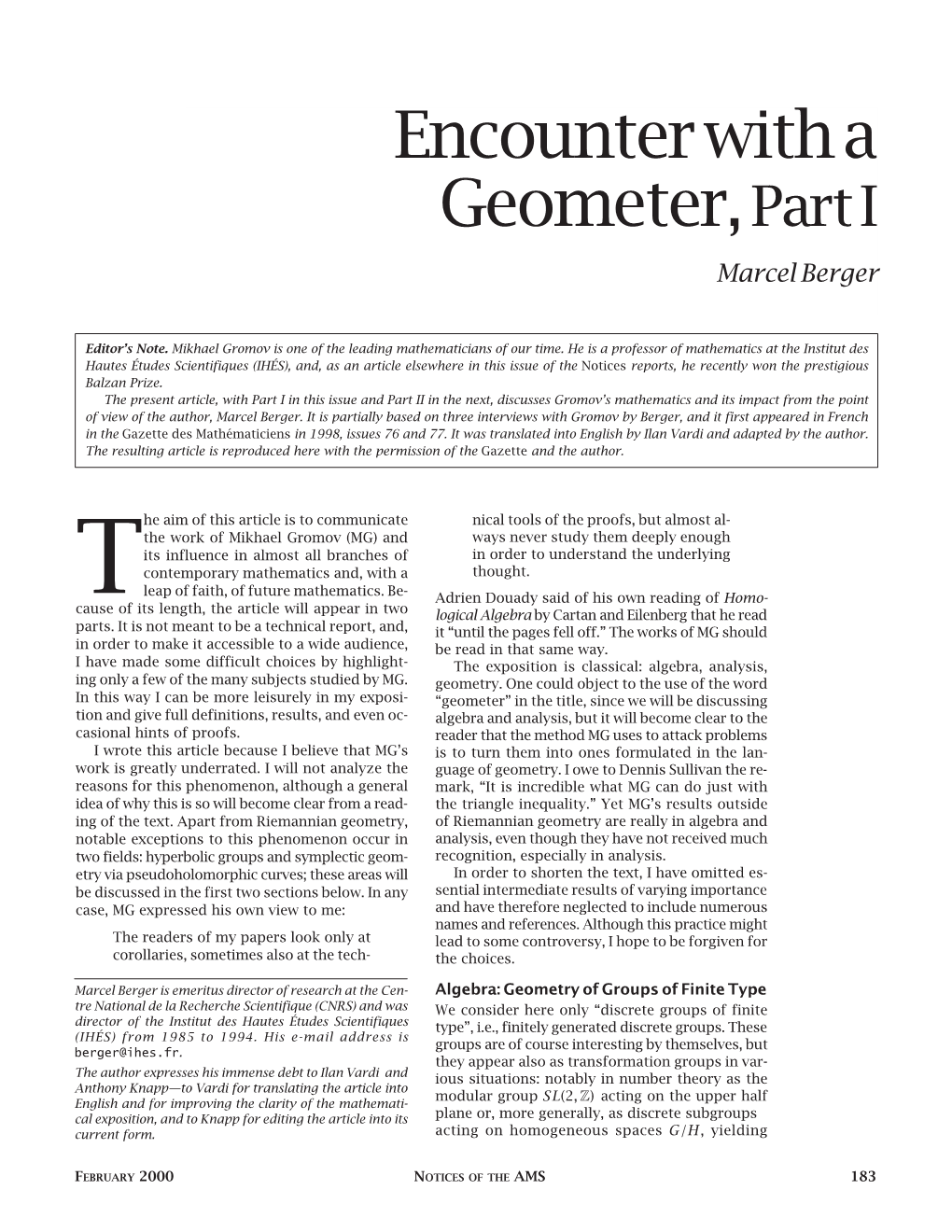 Encounter with a Geometer, Part I, Volume 47, Number 2