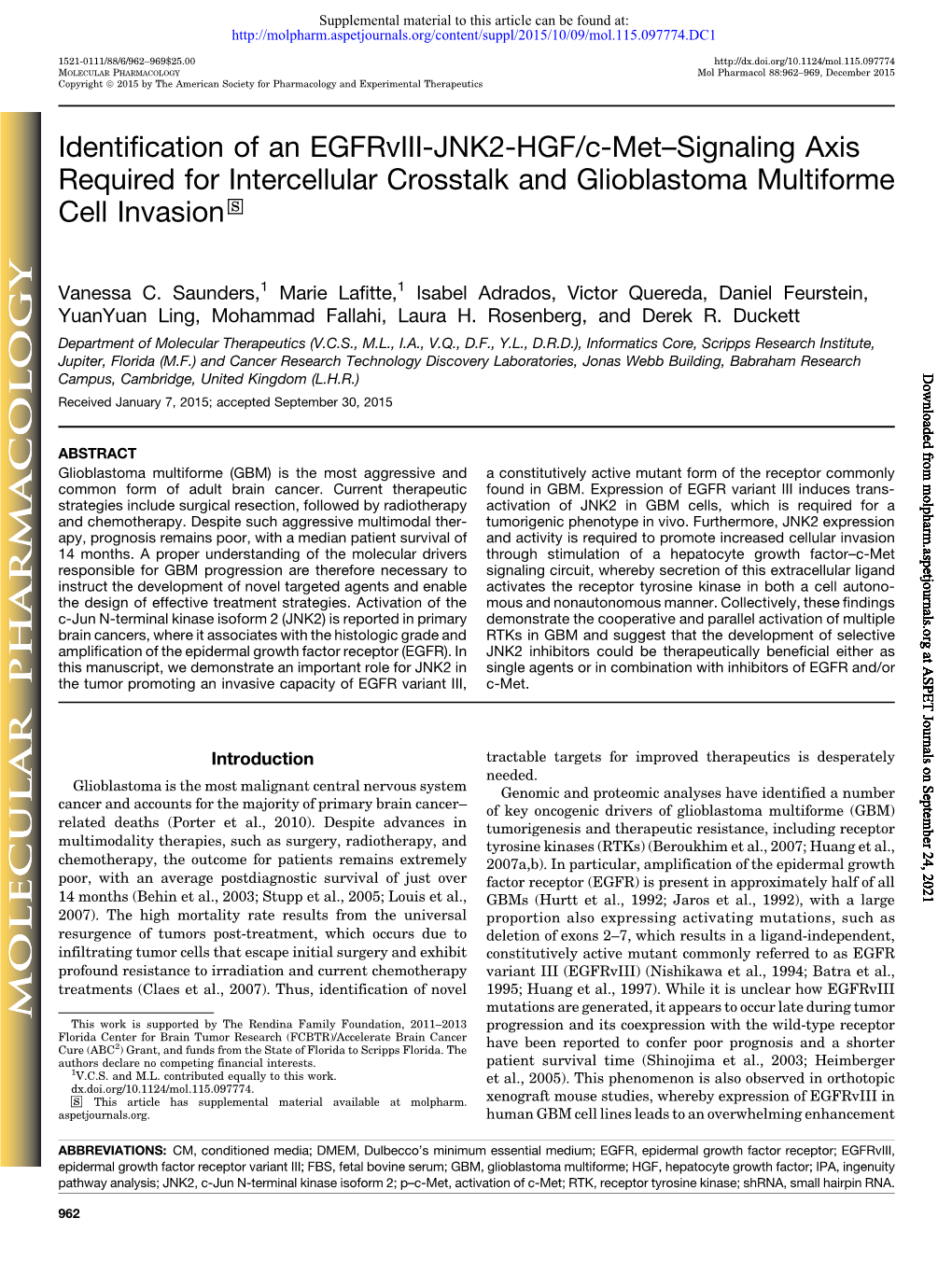 Identification of an Egfrviii-JNK2-HGF/C-Met–Signaling Axis Required for Intercellular Crosstalk and Glioblastoma Multiforme Cell Invasion S