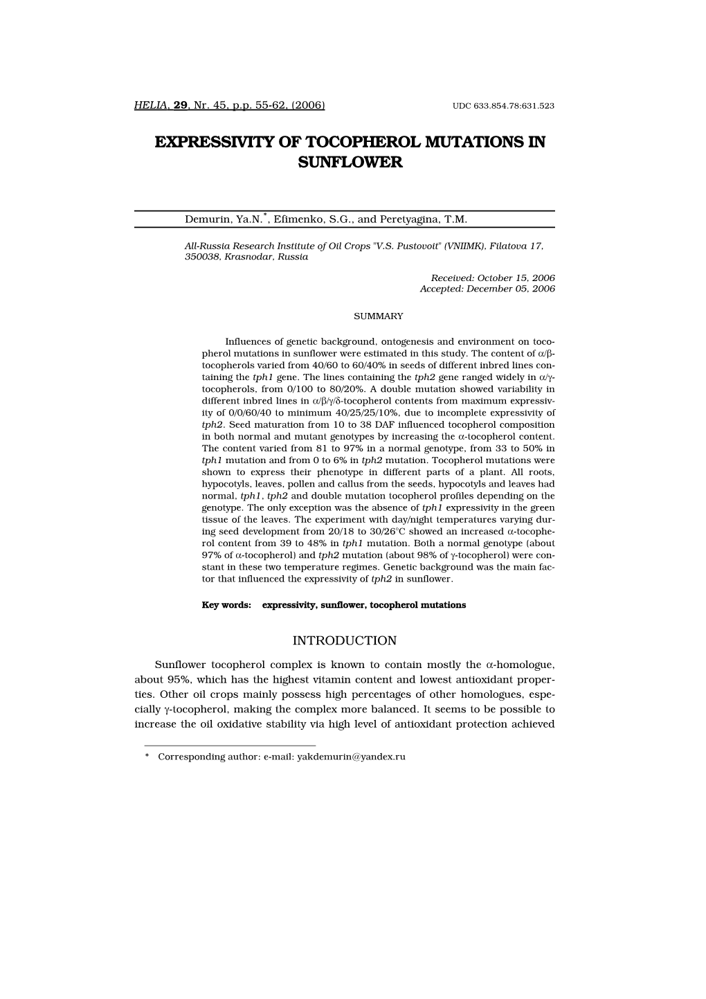 Expressivity of Tocopherol Mutations in Sunflower