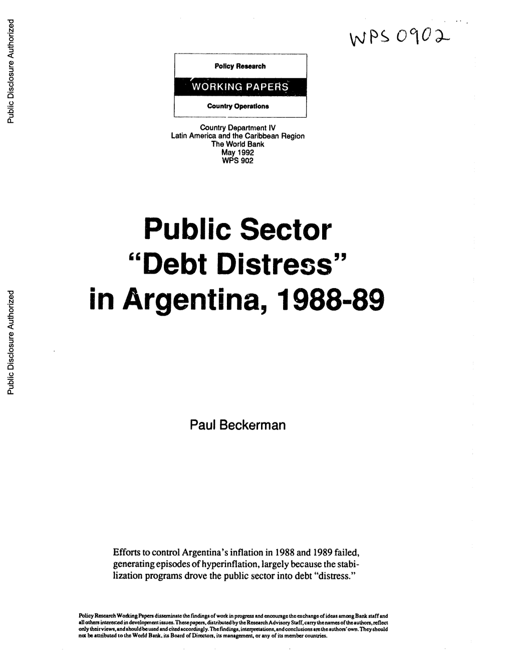 Debt Distress" in Argentina, 1988-89 Public Disclosure Authorized