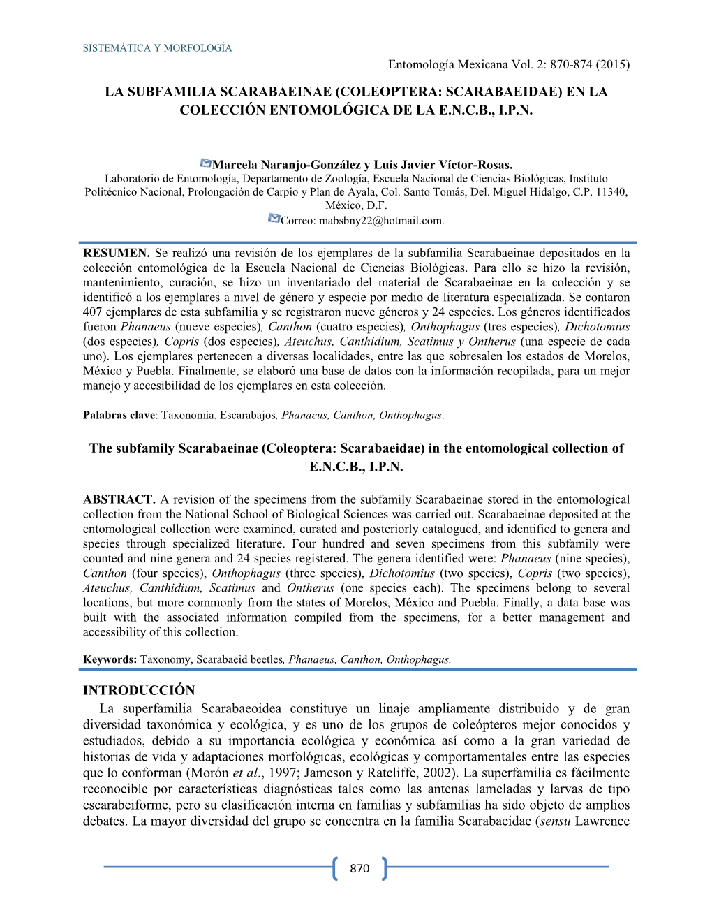 La Subfamilia Scarabaeinae (Coleoptera: Scarabaeidae) En La Colección Entomológica De La E.N.C.B., I.P.N