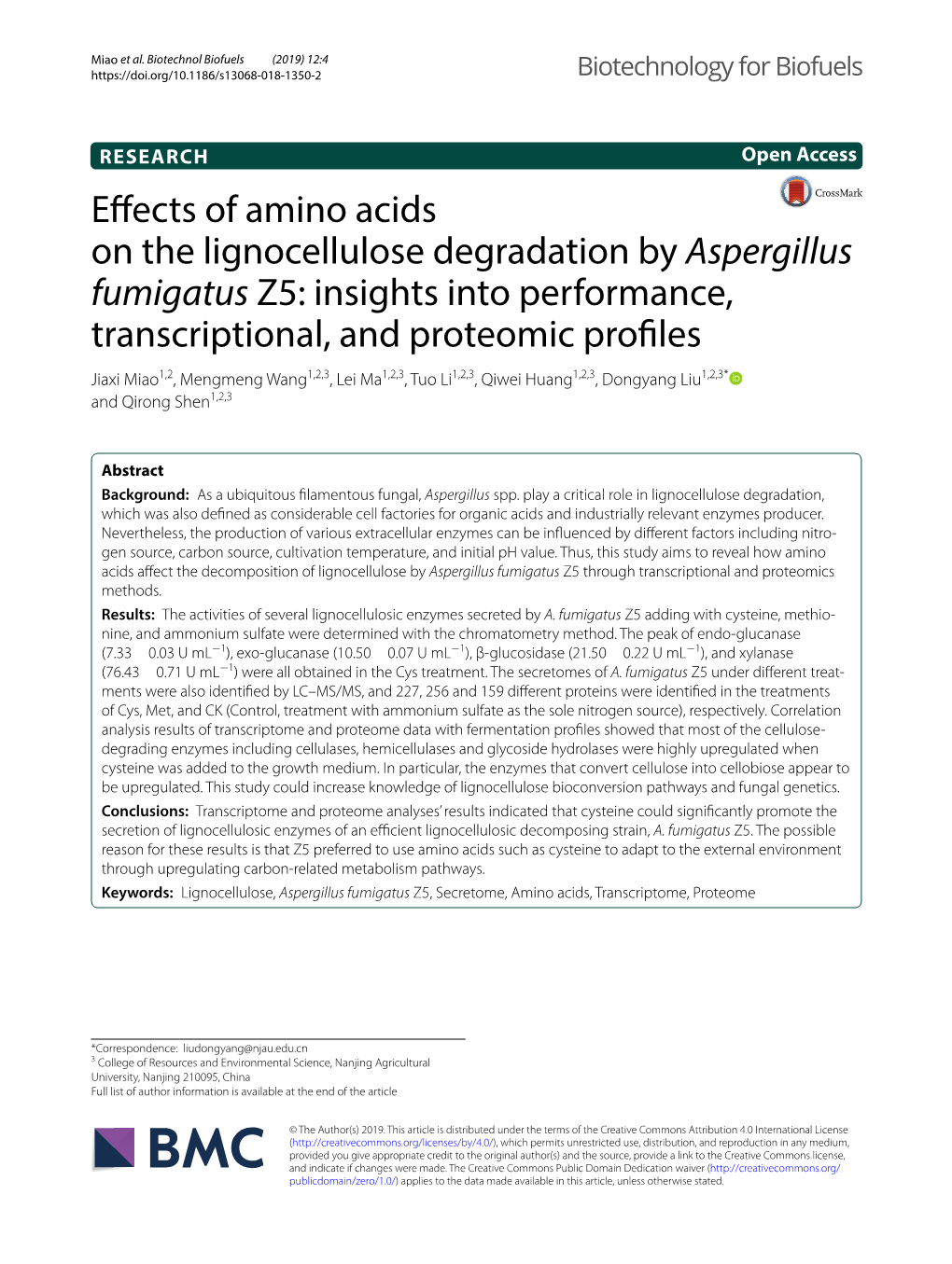 Effects of Amino Acids on the Lignocellulose Degradation by Aspergillus Fumigatus Z5