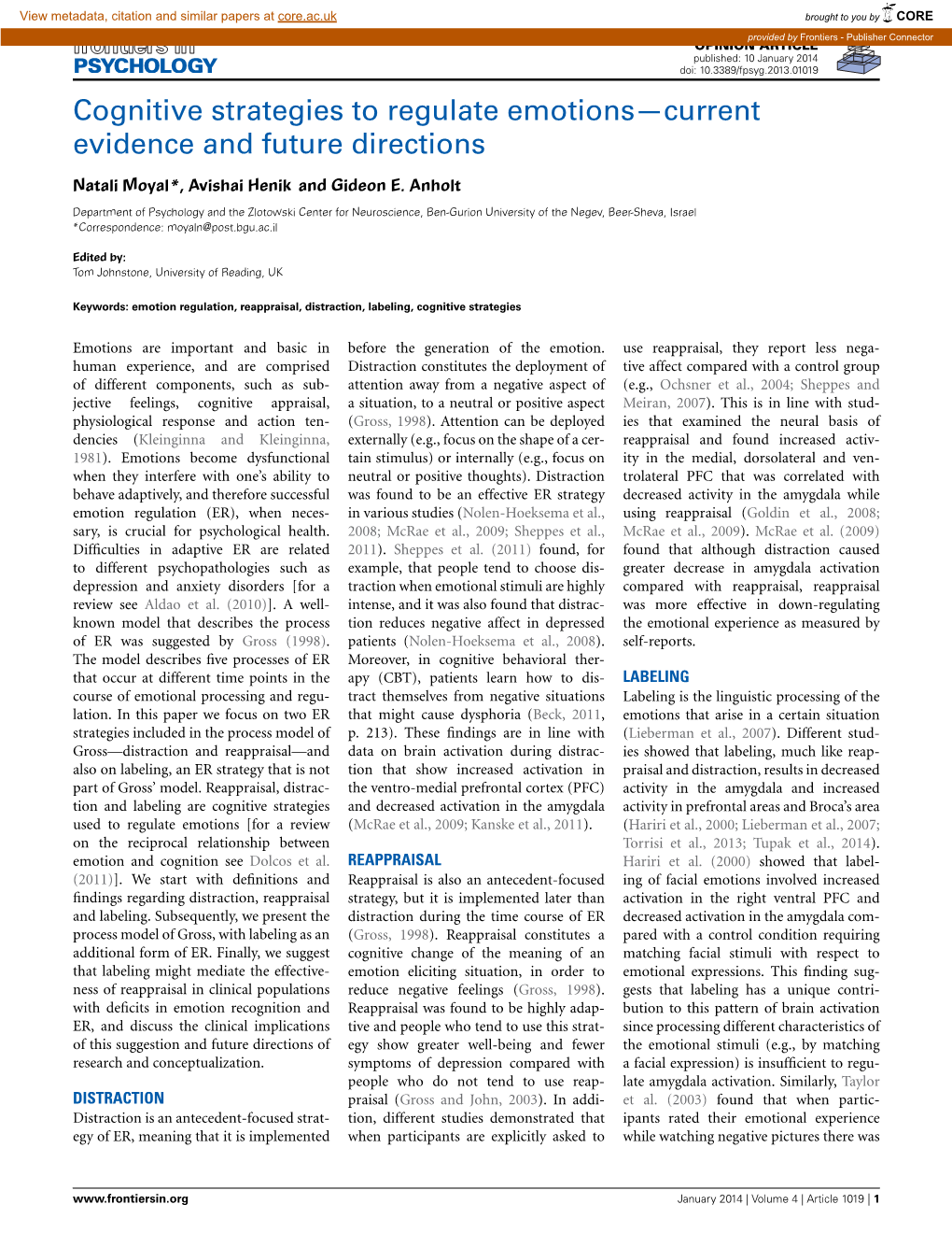 Cognitive Strategies to Regulate Emotions—Current Evidence and Future Directions