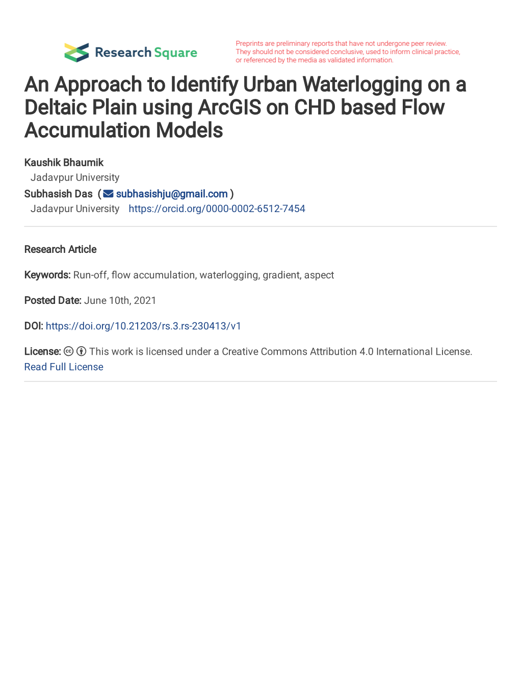 An Approach to Identify Urban Waterlogging on a Deltaic Plain Using Arcgis on CHD Based Flow Accumulation Models