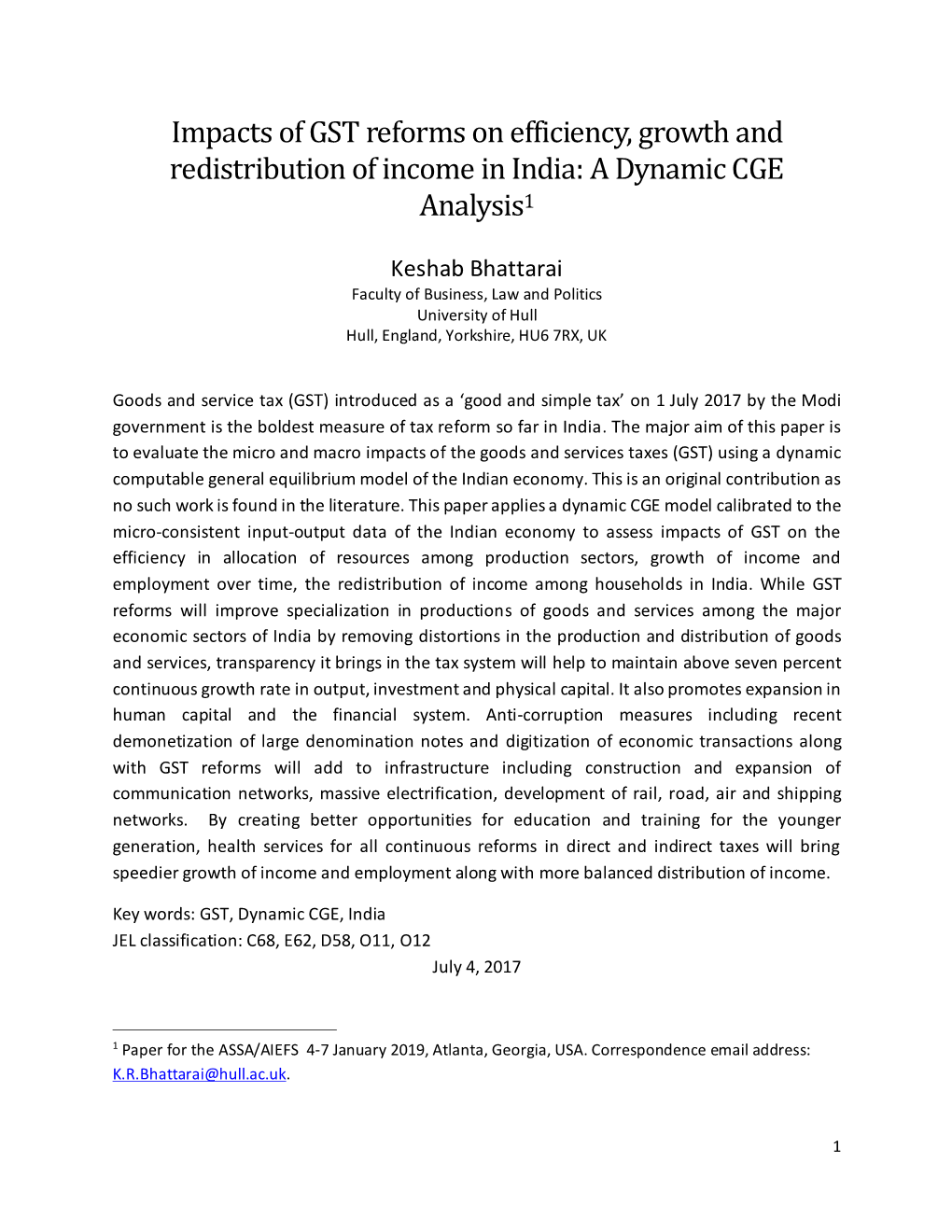 Impacts of GST Reforms on Efficiency, Growth and Redistribution of Income in India: a Dynamic CGE Analysis1