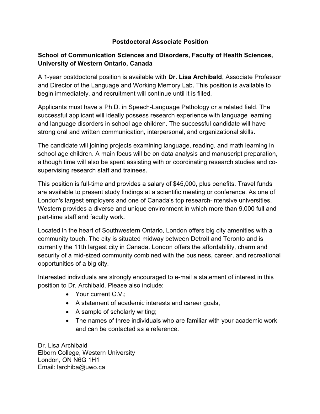 Postdoctoral Associate Position