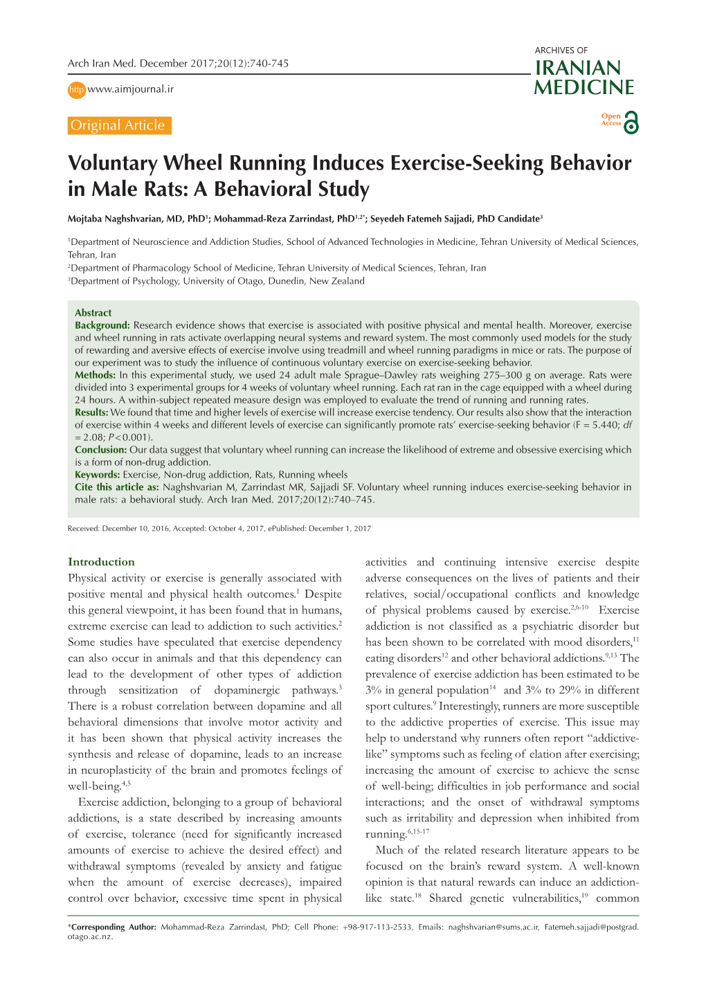 Voluntary Wheel Running Induces Exercise-Seeking Behavior in Male Rats: a Behavioral Study