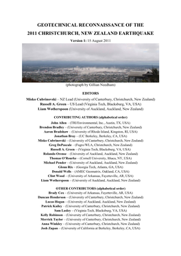 GEOTECHNICAL RECONNAISSANCE of the 2011 CHRISTCHURCH, NEW ZEALAND EARTHQUAKE Version 1: 15 August 2011